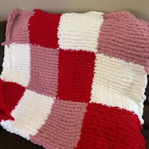 Plush Patchwork Throw Blanket - Red, Pink, and White